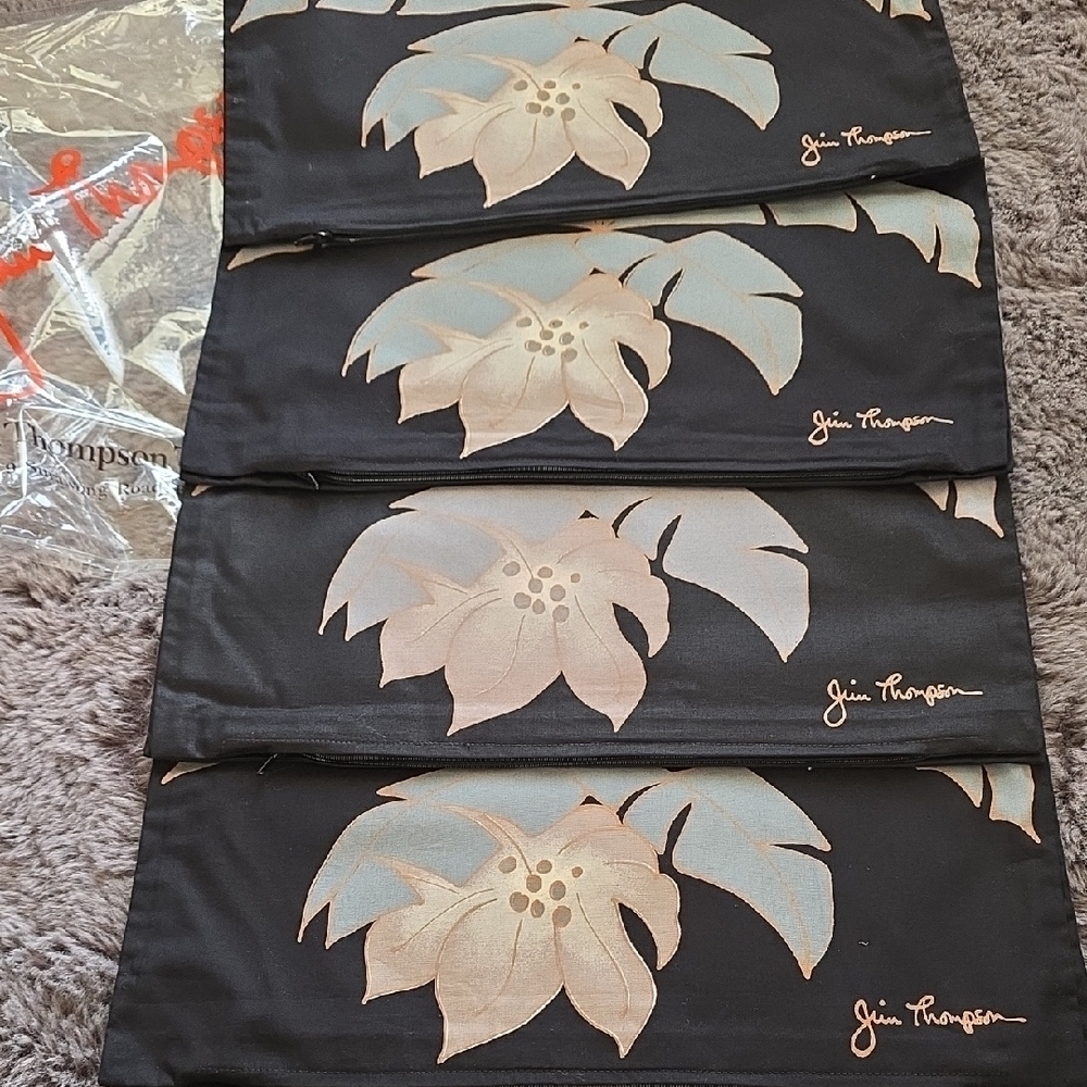 Jim Thompson Thai Silk Vtg Black Teal Gold Tropical Pillow Cover Bundle X4 Set